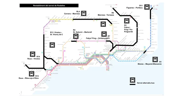 El mapa del servicio de Rodalies que se ofrecerá este lunes. El mapa del servicio de Rodalies que se ofrecerá este lunes.