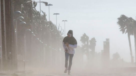 Un hombre camina por el Paseo Mar&iacute;timo de Almer&iacute;a entre el fuerte viento que se registra, este martes. 