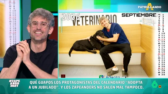 Víctor Algra presenta la iniciativa 'Adopta un abuelo' con la que se busca familia a perros de trabajo jubilados Para promocionar esta iniciativa de la ONG Héroes de Cuatro Patas han creado un calendario en el que aparecen, entre otros, María Gómez, Víctor Algra y Mónica Cruz, acompañados de alguno de estos perros jubilados.