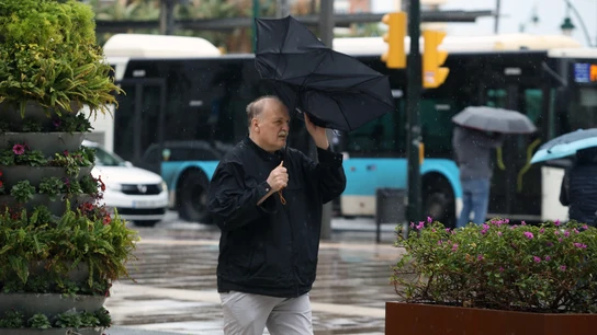 Imagen de transeúntes por el centro de Málaga protegiéndose de la lluvia y el fuerte viento del temporal que barre a toda Andalucía. A 28 de enero de 2026, en Málaga Imagen de transeúntes por el centro de Málaga protegiéndose de la lluvia y el fuerte viento del temporal que barre a toda Andalucía. A 28 de enero de 2026, en Málaga