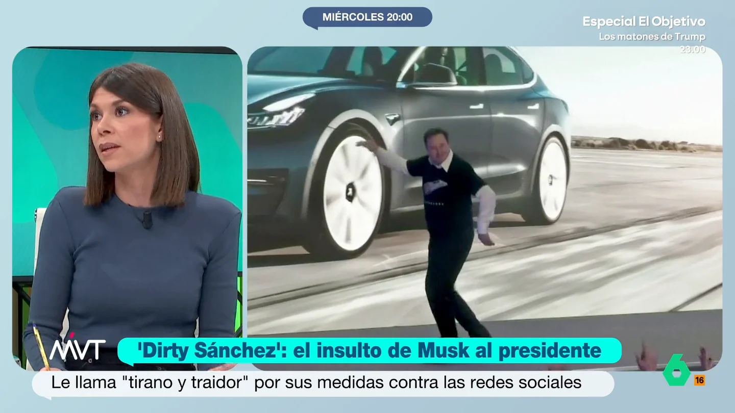 Ainhoa Martínez asegura que el Gobierno "está encantado" con su choque con Musk: "Lo van a explotar hasta el final" "Tienen un villano al que enfrentarse y no hay nada que movilice más a los progresistas que ir contra un villano mundial", afirma la periodista Ainhoa Martínez sobre el choque entre Elon Musk y Pedro Sánchez.