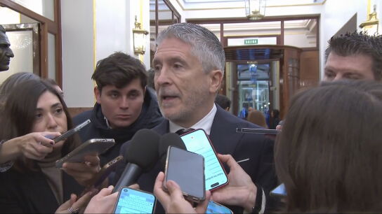 El ministro del Interior, Fernando Grande-Marlaska, atiende a los medios de comunicaci&oacute;n en los pasillos del Congreso de los Diputados