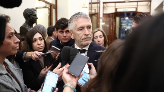 El ministro del Interior, Fernando Grande-Marlaska, atiende a los medios a su llegada a una sesi&oacute;n de control al Gobierno