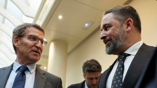 Foto de archivo del l&iacute;der del PP, Alberto N&uacute;&ntilde;ez Feij&oacute;o (i), y el de Vox, Santiago Abascal (d), en el Senado.EFE/ Kiko Huesca
