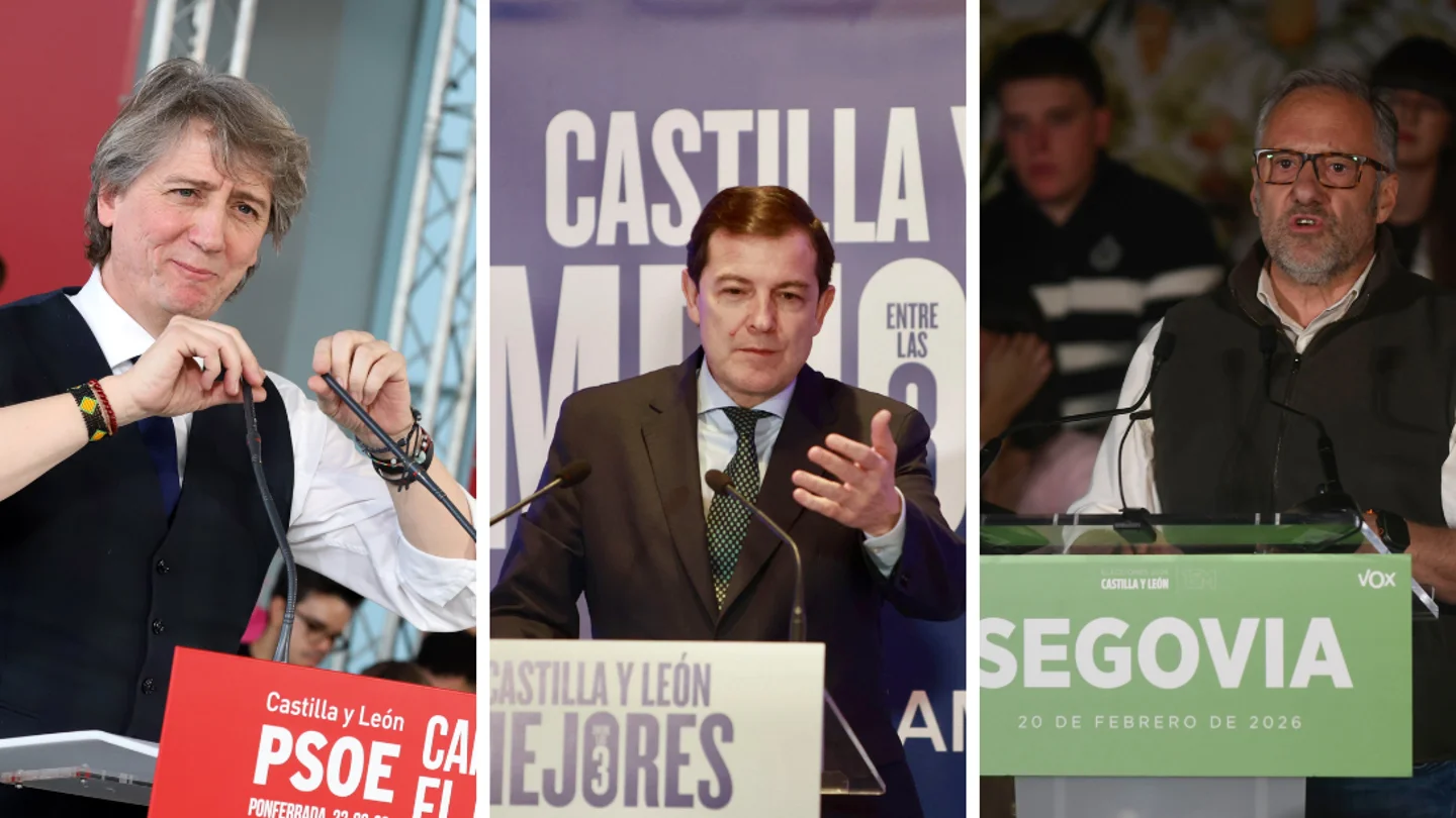Carlos Martínez (PSOE), Alfonso Fernández Mañueco (PP) y Carlos Pollán (Vox), en sendos mítines en precampaña en Castilla y León Carlos Martínez (PSOE), Alfonso Fernández Mañueco (PP) y Carlos Pollán (Vox), en sendos mítines en precampaña en Castilla y León