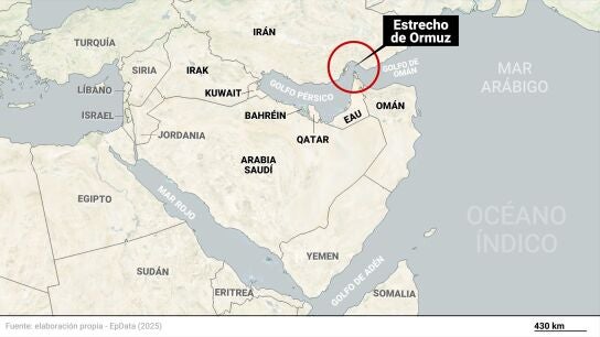 Imagen de un mapa con el Estrecho de Ormuz marcado