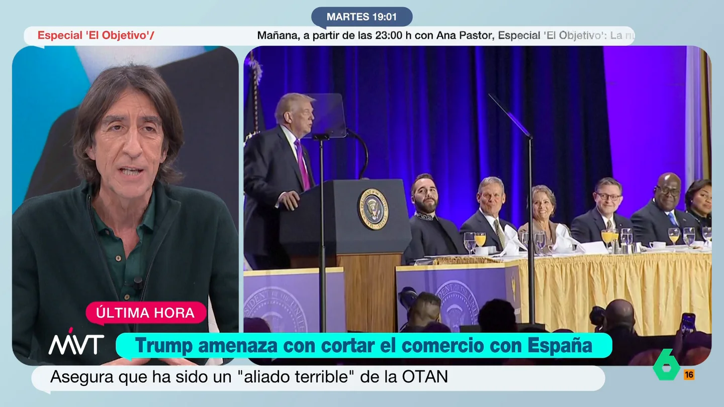 Benjamín Prado responde a Donald Trump tras sus amenazas a España: "Él no quiere aliados, quiere vasallos" Benjamín Prado alude a la "suerte" de Estados Unidos, que "ahí donde restaura la libertad encuentra petróleo" y recuerda que el único aliado de Trump en el conflicto con Irán es Netanyahu, "un criminal de guerra".