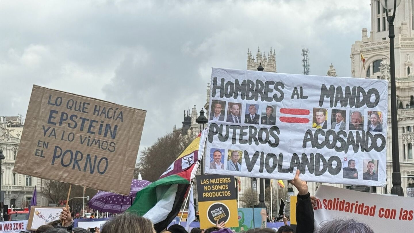 Pancartas y consignas en la manifestación de Madrid: "Lo que hacía Epstein ya lo vimos en el porno".