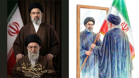 Mojtaba Jamenei, junto a su padre, Al&iacute; Jamenei; a la izquierda en una foto institucional; a la derecha en un dibujo