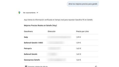 Listado de estaciones de servicio elaborado por Gemini
