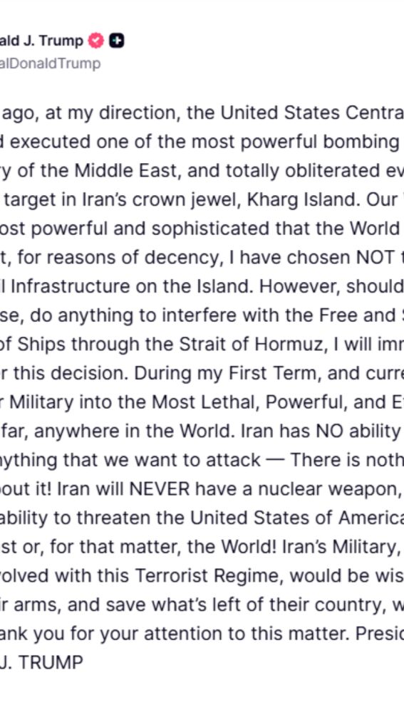 Mensaje en el que Donald Trump comunica haber bombardeado la isla de Kharg, lugar clave del petróleo iraní.