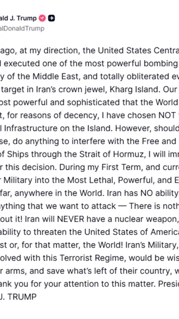 Mensaje en el que Donald Trump comunica haber bombardeado la isla de Kharg, lugar clave del petróleo iraní. Mensaje en el que Donald Trump comunica haber bombardeado la isla de Kharg, lugar clave del petróleo iraní.