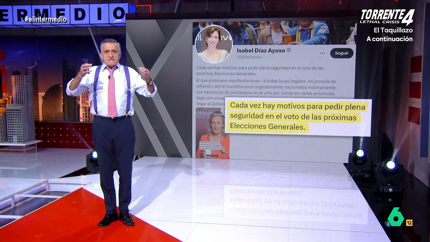 Wyoming responde a Ayuso tras sembrar dudas sobre el sistema electoral: "Es irresponsable y peligroso" Wyoming reflexiona en este vídeo sobre la estrategia de Ayuso de agitar el fantasma del pucherazo tras difundir un bulo y recuerda que no es la primera vez que un dirigente del PP sigue la misma estrategia que Trump en EEUU.