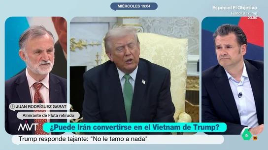 Juan Rodríguez Garat, sobre Trump: "Tiene la convicción de que haga lo que haga le van a seguir, y tiene algo de razón" Juan Rodríguez Garat, almirante de Flota retirado, opina en este vídeo que no hay "ninguna" posibilidad de que Irán sea el Vietnam de Donald Trump por la falta de apoyo, aunque el presidente piensa que "los que le apoyan le van a apoyar haga lo que haga".