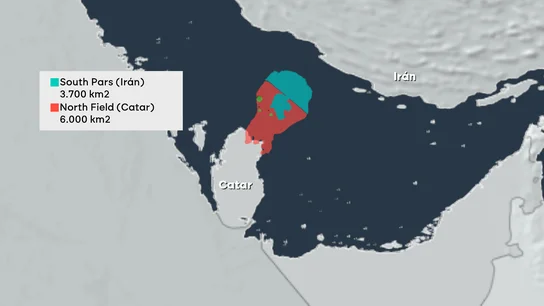 Mapa del yacimiento de gas natural dividido entre South Pars y North Field Mapa del yacimiento de gas natural dividido entre South Pars y North Field