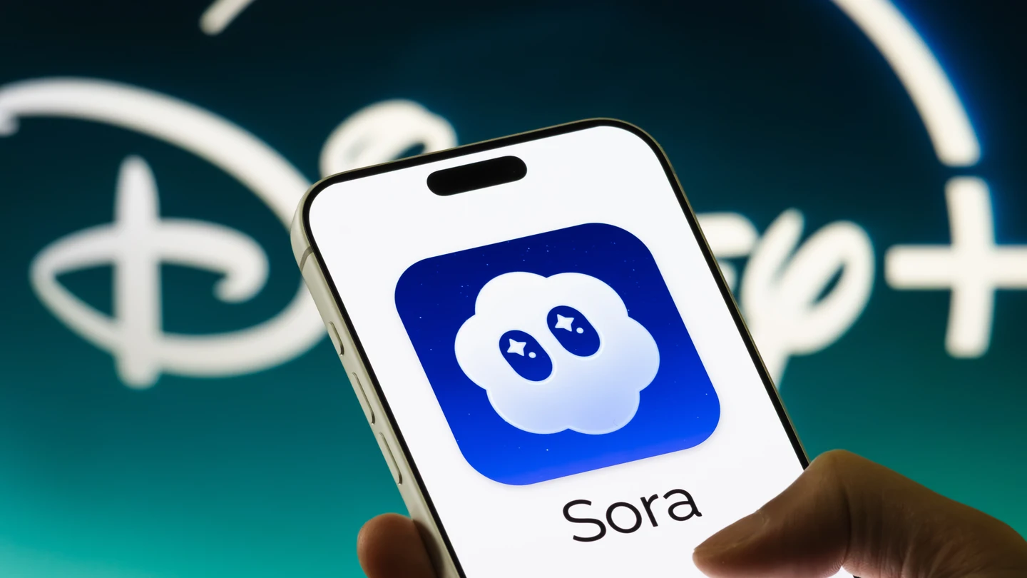 Un teléfono móvil con el logo de Sora frente a un fondo con el logo de Disney Un teléfono móvil con el logo de Sora frente a un fondo con el logo de Disney