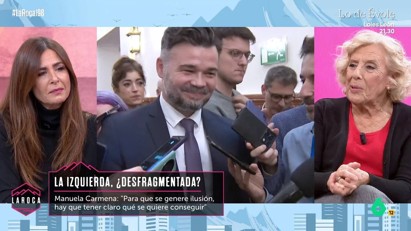 Manuela Carmena, sobre el proyecto político de Rufián: "Para que se genere ilusión, hay que tener claro qué se quiere conseguir" Manuela Carmena debatía con Nuria Roca, en un vídeo que recupera la hemeroteca de La Roca, sobre el proyecto que propone Gabriel Rufián para unificar a los partidos a la izquierda del PSOE.