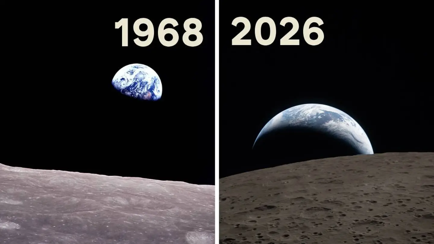 La Tierra, vista desde la Luna en dos imágenes diferentes, tomadas en 1968 y en 2026 La Tierra, vista desde la Luna en dos imágenes diferentes, tomadas en 1968 y en 2026