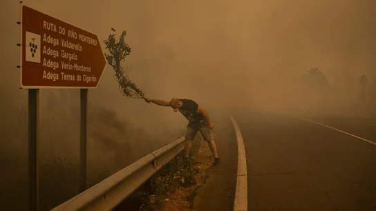 Una de las fotografías de Brais Lorenzo (EFE) premiadas en el World Press Photo, en la que se ve a un hombre intentando luchar contra las llamas durante los incendios en Galicia Una de las fotografías de Brais Lorenzo (EFE) premiadas en el World Press Photo, en la que se ve a un hombre intentando luchar contra las llamas durante los incendios en Galicia
