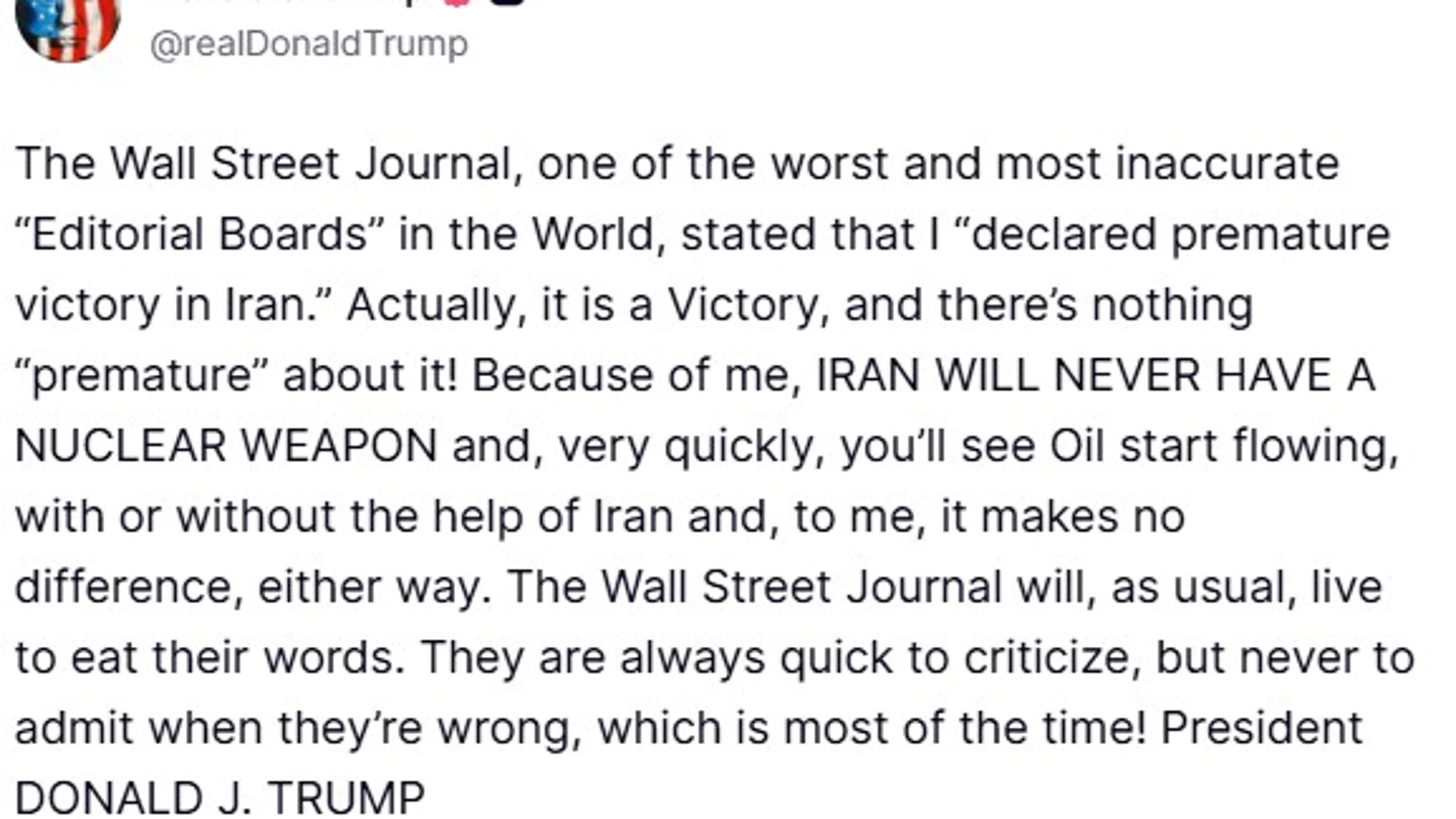 Mensaje de Trump en la red social Truth Mensaje de Trump en la red social Truth