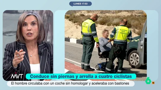 Beatriz de Vicente, sobre el conductor sin piernas que ha atropellado a cuatro ciclistas: "Tiene un cúmulo interesante de infracciones" Un hombre de 73 años conducía un vehículo con un dispositivo instalado que le permitía manejar los pedales con dos bastones. Esta instalación, que es casera, no estaba homologada.