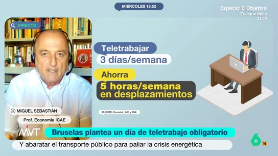 Miguel Sebastián, a favor de teletrabajar para paliar la crisis energética: "El problema es que esas medidas son impopulares" El economista señala que, a pesar de que la gente manifiesta su preocupación por el cambio climático o el precio de la gasolina, se muestran reticentes a adoptar medidas que puedan favorecer el ahorro energético.