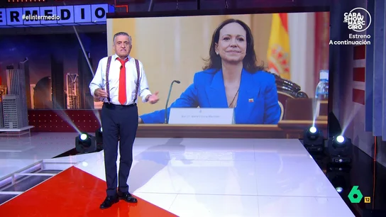 Wyoming afirma que María Corina Machado "está convencida de que es presidenta de algún sitio": "Y la derecha la trata como si lo fuera" El presentador de El Intermedio se hace eco de las declaraciones de la líder opositora venezolana durante su visita a España. Esta afirmó que espera que en nuestro país se celebraran muy pronto unas elecciones impecables.