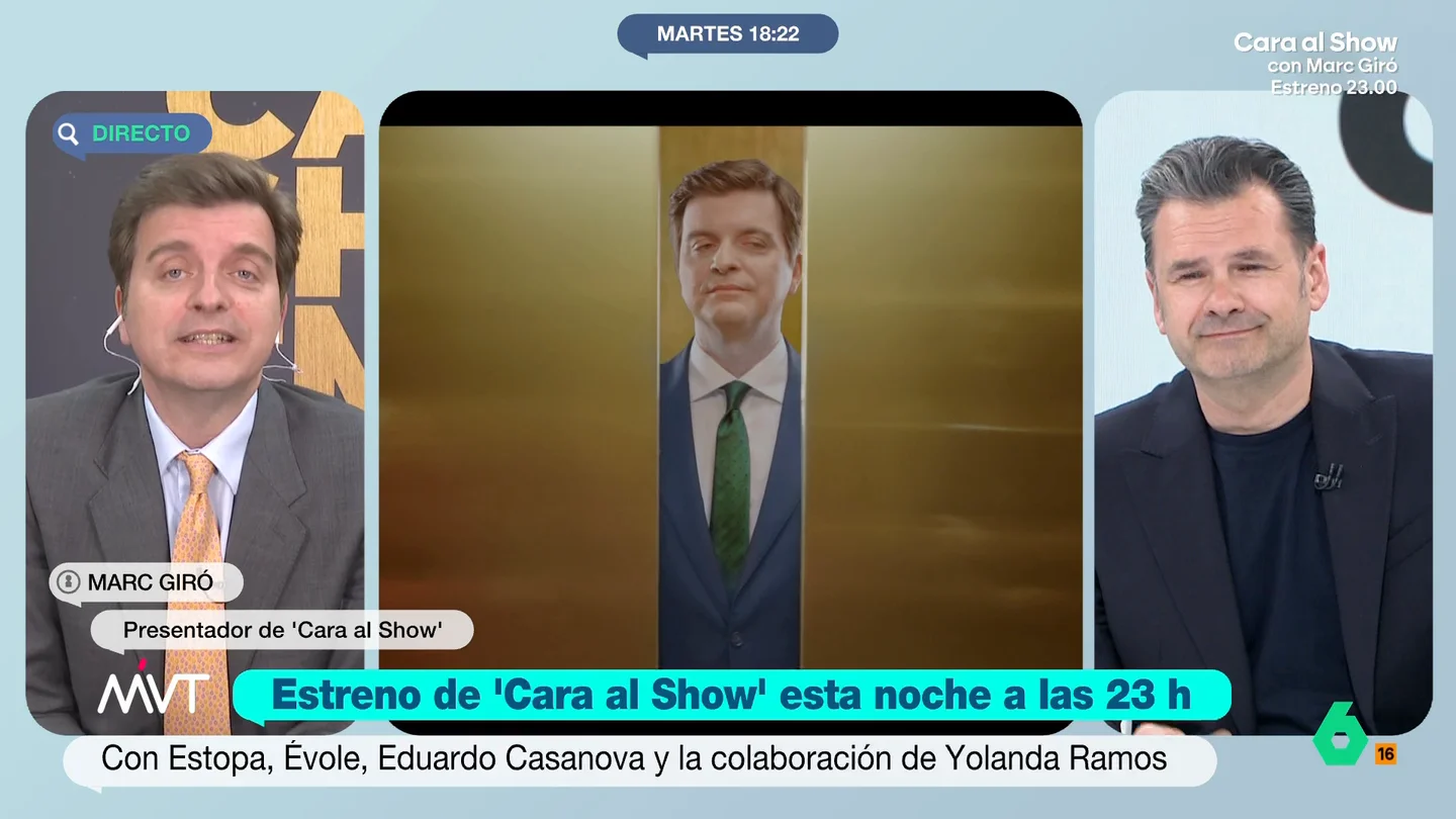 Marc Giró, a Iñaki López: "Mariquitas hay en todas partes. Tú porque eres muy vasco y muy hetero, pero si rascas un poquito..." A propósito del estreno de 'Cara al Show', Marc Giró mantiene una divertida charla con Iñaki López y Cristina Pardo sobre la polémica de Eduardo Mendoza, la pansexualidad de Ferreras o los 'heteros' de laSexta.