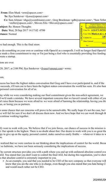 Email que Elon Musk envió a Ilya Sutskever, a Sam Altman y otros, acerca de su inconformidad con el manejo de la compañía OpenAI Email que Elon Musk envió a Ilya Sutskever, a Sam Altman y otros, acerca de su inconformidad con el manejo de la compañía OpenAI