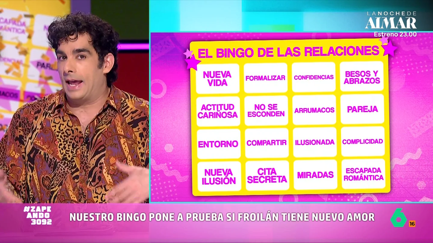 "Si hay línea hay lío": Juan Sanguino usa el 'Bingo de las relaciones' para saber si Froilán tiene pareja El nieto del rey emérito ha sido visto paseando por Madrid con una atractiva joven. La revista 'Semana' abre la puerta a que pueda ser la nueva pareja de Froilán y, para salir de dudas, el periodista ha vuelto a recurrir a su divertido bingo del amor.