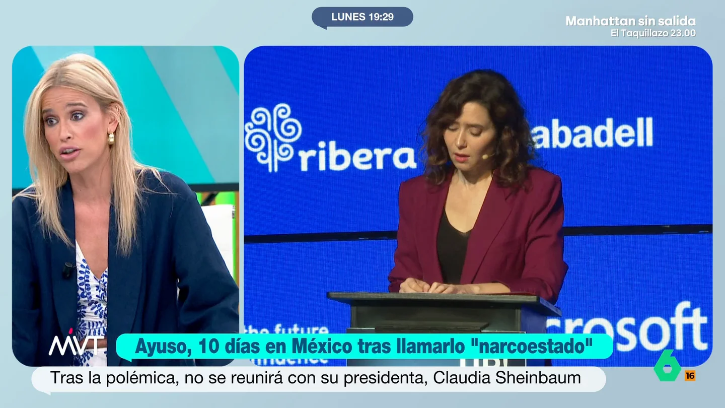 Afra Blanco crítica el viaje de Díaz Ayuso a México: "Es insostenible que los impuestos vayan destinados a pagarle los viajes" La presidenta de la Comunidad de Madrid va a llevar a cabo un viaje institucional de diez días a este país para, entre otras cosas, atraer inversiones a Madrid.