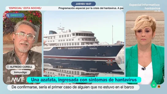 Alfredo Corell tranquiliza sobre la posible infección de una azafata por hantavirus Alfredo Corell analiza en Más Vale Tarde el posible contagio de una azafata que entró en contacto con la mujer infectada con hantavirus. Asegura que no debemos alertarnos por este caso, ya que habría sido mediante "contacto estrecho".