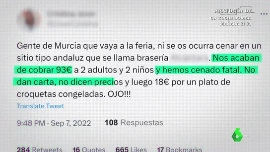 Una clavada de 93 euros por cenar en un chiringuito de feria en Murcia: "Pagamos 18 euros por unas croquetas congeladas" Una clavada de 93 euros por cenar en un chiringuito de feria en Murcia: "Pagamos 18 euros por unas croquetas congeladas"