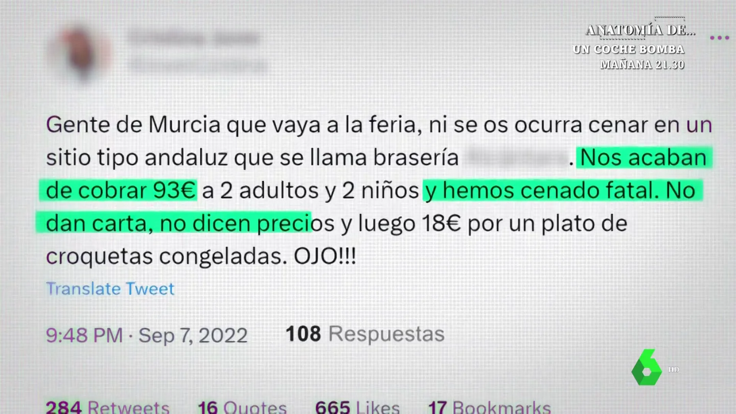 Una clavada de 93 euros por cenar en un chiringuito de feria en Murcia: "Pagamos 18 euros por unas croquetas congeladas" Una clavada de 93 euros por cenar en un chiringuito de feria en Murcia: "Pagamos 18 euros por unas croquetas congeladas"