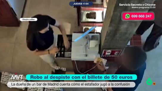La due&ntilde;a de una cafeter&iacute;a compart&iacute;a en sus redes sociales el v&iacute;deo en el que un hombre le tima con un billete de 50 euros. As&iacute; es este truco que parece burdo, pero en el que suelen caer los comerciantes.