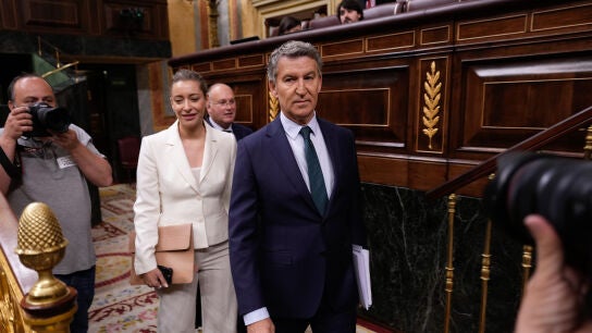 El presidente del PP, Alberto N&uacute;&ntilde;ez Feij&oacute;o, entra al Congreso de los Diputados acompa&ntilde;ado de la portavoz de la formaci&oacute;n en la C&aacute;mara Baja, Ester Mu&ntilde;oz