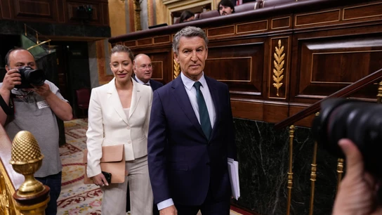 El presidente del PP, Alberto Núñez Feijóo, entra al Congreso de los Diputados acompañado de la portavoz de la formación en la Cámara Baja, Ester Muñoz El presidente del PP, Alberto Núñez Feijóo, entra al Congreso de los Diputados acompañado de la portavoz de la formación en la Cámara Baja, Ester Muñoz