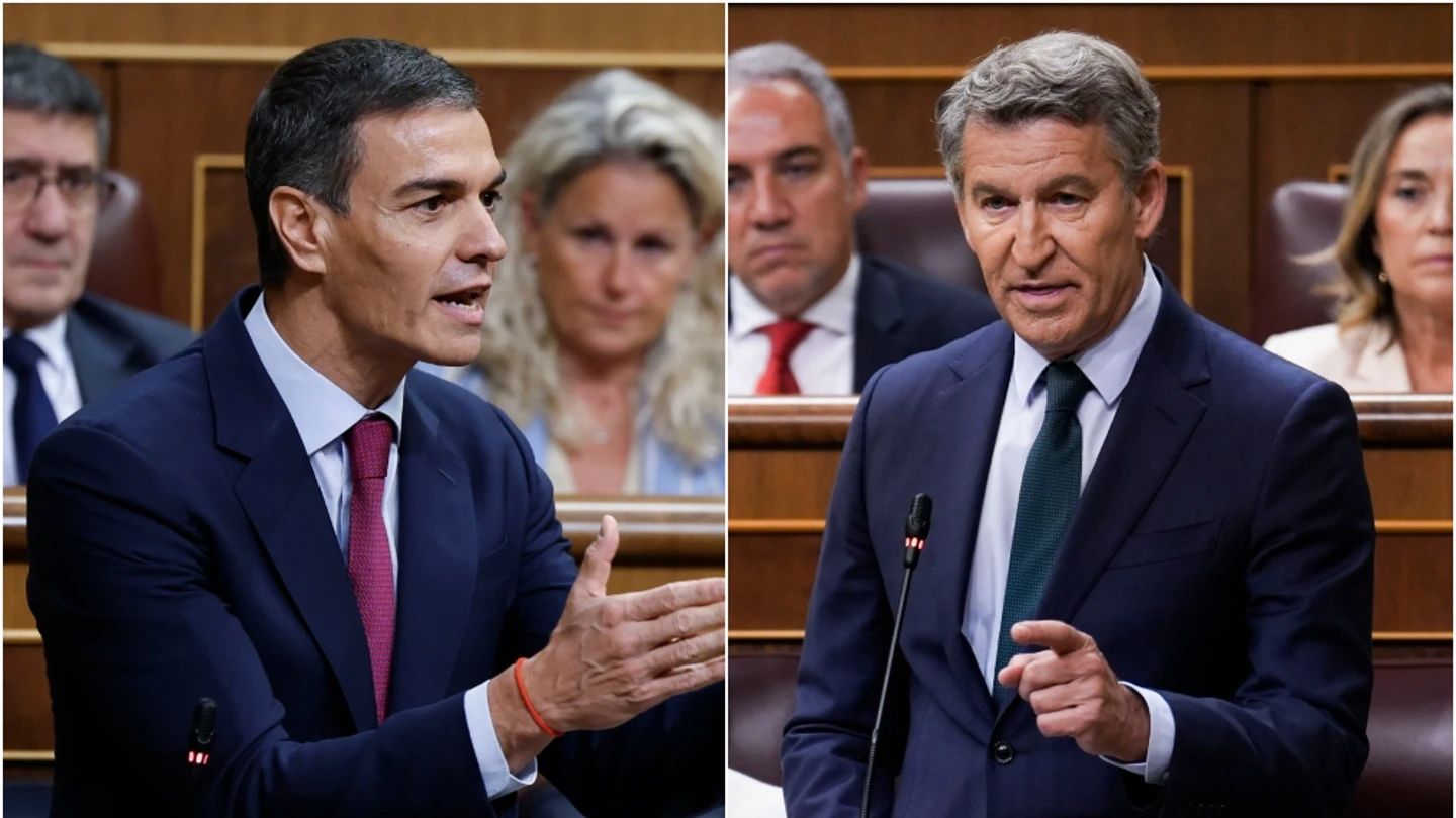 El presidente del Gobierno, Pedro Sánchez, y el líder del PP, Alberto Núñez Feijóo, enfrentados en el Congreso de los Diputados El presidente del Gobierno, Pedro Sánchez, y el líder del PP, Alberto Núñez Feijóo, enfrentados en el Congreso de los Diputados