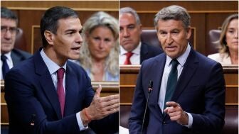 El presidente del Gobierno, Pedro S&aacute;nchez, y el l&iacute;der del PP, Alberto N&uacute;&ntilde;ez Feij&oacute;o, enfrentados en el Congreso de los Diputados