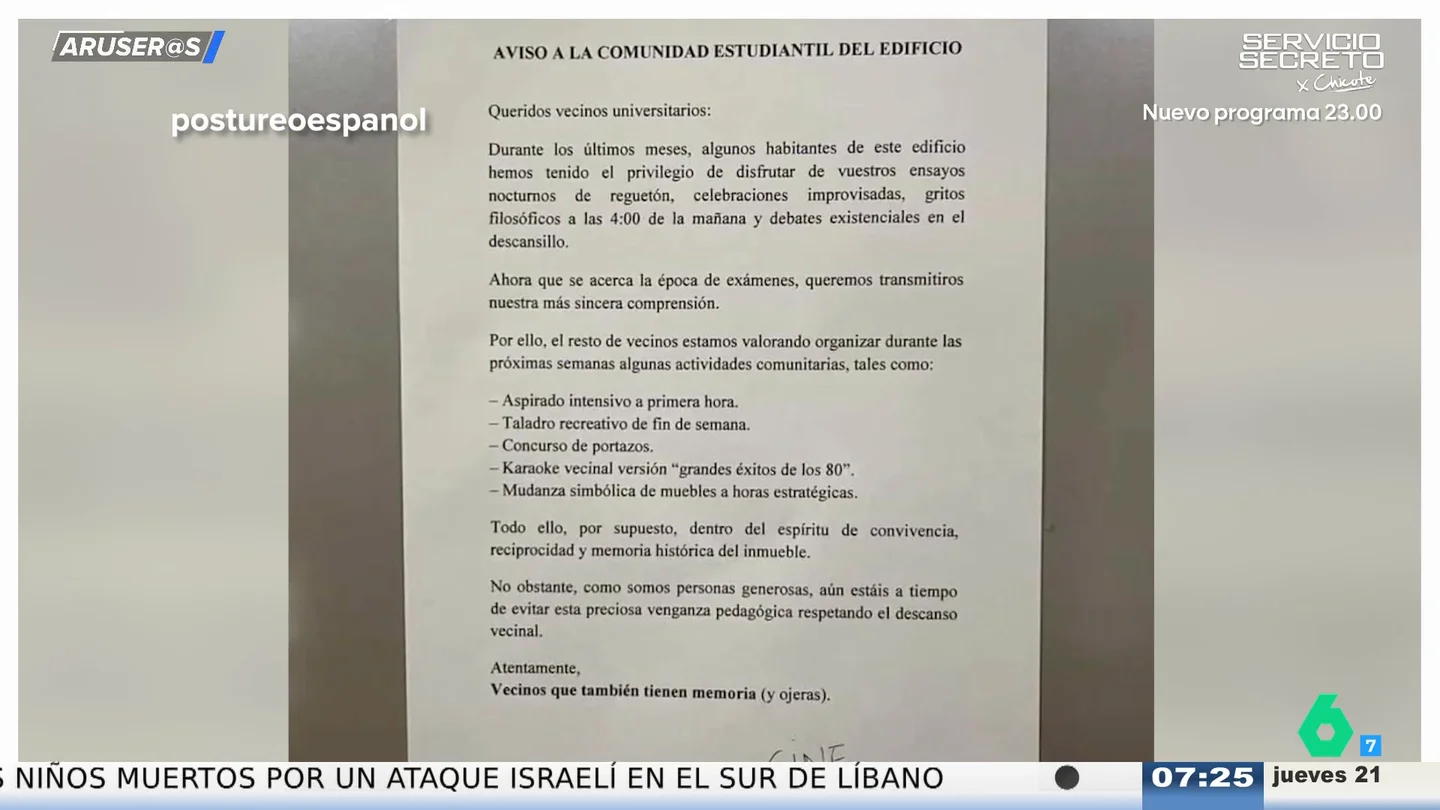 La venganza viral de unos vecinos a los estudiantes del bloque por sus "fiestas improvisadas": "Procederemos con el aspirado intensivo" La venganza viral de unos vecinos a los estudiantes del bloque por sus "fiestas improvisadas": "Procederemos con el aspirado intensivo"