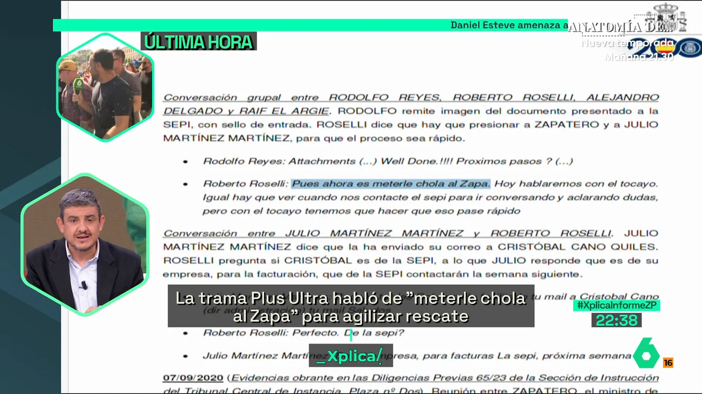 "Meterle chola al Zapa": los directivos de Plus Ultra intercambiaron mensajes para hacer que Zapatero interviniera de forma rápida en el rescate "Meterle chola al Zapa": los directivos de Plus Ultra intercambiaron mensajes para hacer que Zapatero interviniera de forma rápida en el rescate