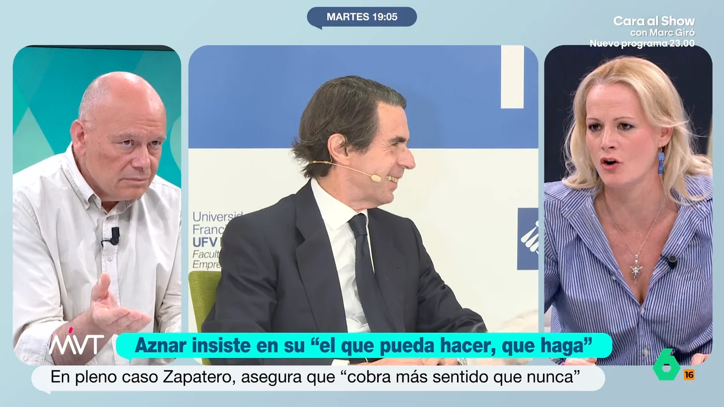 Zaida Cantera, sobre Aznar: "El que pueda hacer que haga es como el que quiera dar un golpe de Estado con las togas, que lo dé" José María Aznar ha rescatado su polémica frase de "el que puede hacer que haga" en medio del caso de José Luis Rodríguez Zapatero. Zaida Cantera y Afra Blanco le responden en este vídeo.