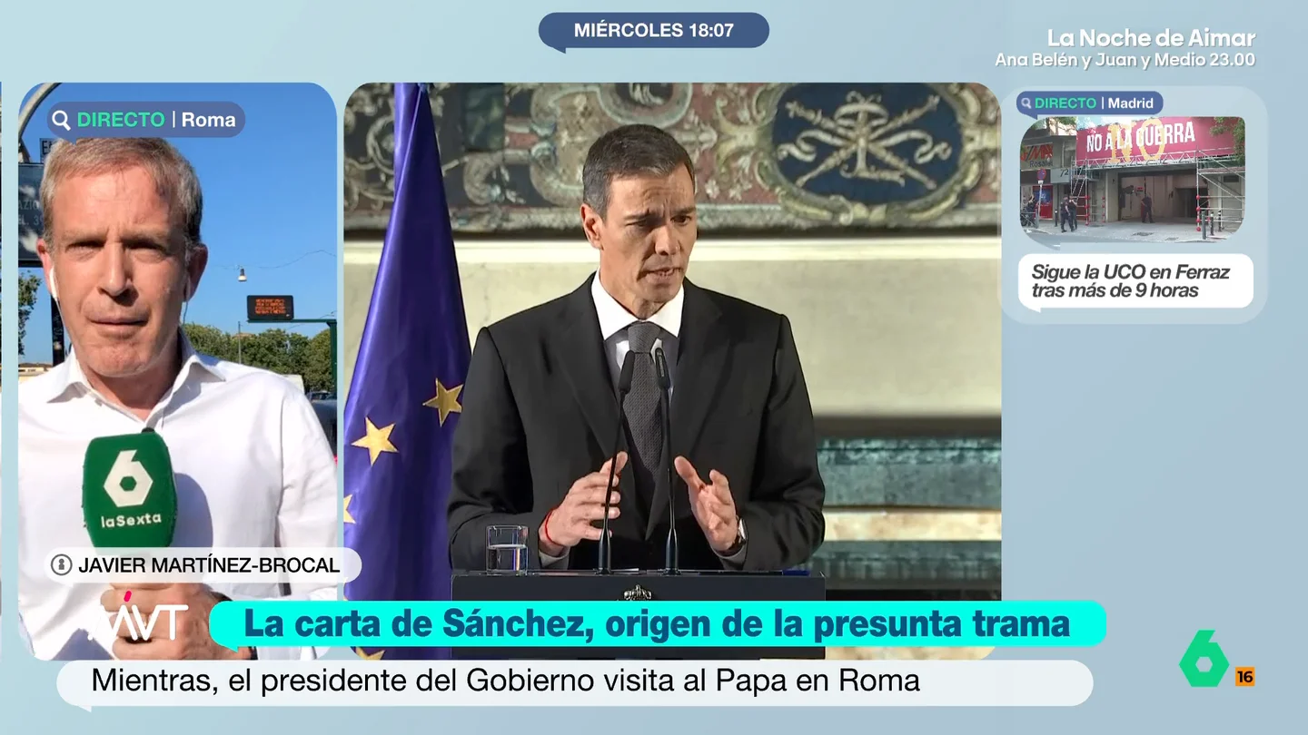Javier Martínez-Brocal, sobre la rueda de prensa de Sánchez en Roma: "Dijo que no se le hicieran más preguntas sobre Zapatero" El presidente del Gobierno ha visitado al papa León XIV en Roma y, debido a las últimas noticias sobre su partido, la prensa se ha interesado por conocer sus impresiones sobre la imputación del expresidente socialista.