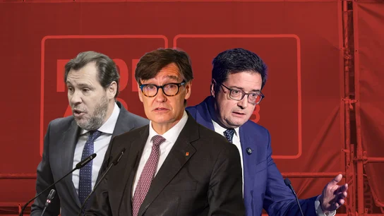 El ministro de Transportes, Óscar Puente; el president de la Generalitat de Catalunya, Salvador Illa; y el ministro de Transformación Digital, Óscar López. El ministro de Transportes, Óscar Puente; el president de la Generalitat de Catalunya, Salvador Illa; y el ministro de Función Pública, Óscar López.
