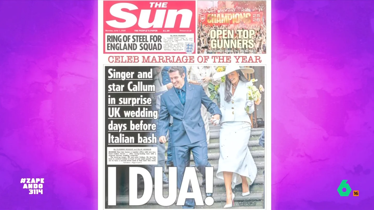 Callum Turner y Dua Lipa se dan el sí quiero en Londres en una ceremonia íntima El diario británico 'The Sun' ha publicado una imagen de la pareja abandonando el ayuntamiento en el que se han casado. Además, afirman que celebrarán una fiesta por todo lo alto desde el próximo jueves en Italia.