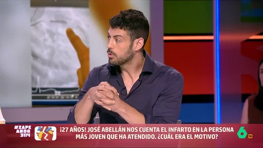 "Nadie debería sufrir un infarto, pero una persona de 27 años, menos": el cardiólogo José Abellán avisa sobre el peligro del tabaco José Abellán vuelve a Zapeando y explica el caso de un joven al que tuvo que operar hace unos días. Tenía 27 años y "solo fumaba". En este sentido, el cardiólogo avisa de que el tabaco no solo "nos daña con el tiempo".