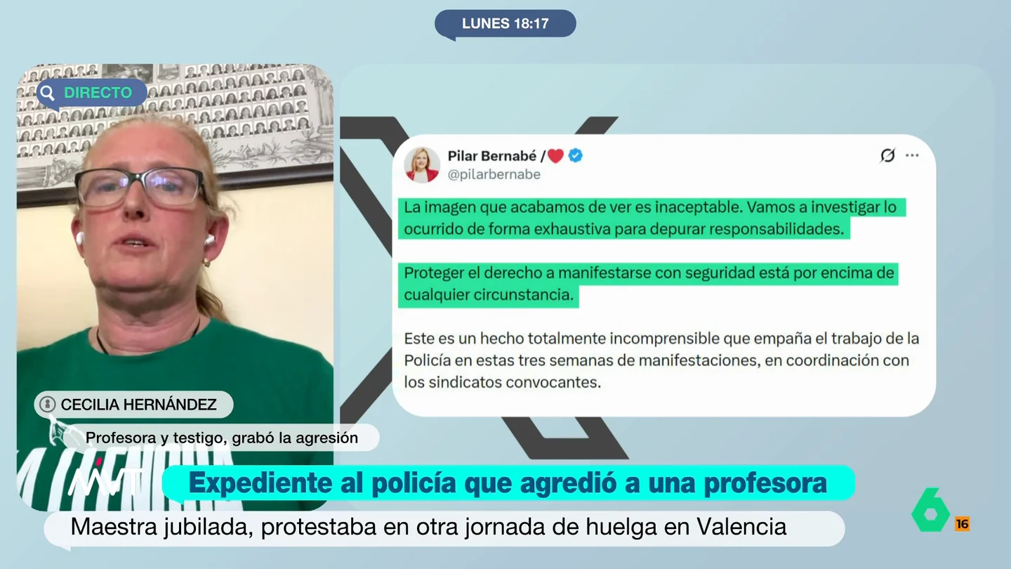 Cecilia, testigo de la agresión de un policía a una manifestante en Valencia: "No estábamos haciendo nada malo" La manifestante señala que la mujer que recibió el empujón se estaba alejando de la zona en la que podía haber problemas. Además, no les dijo nada a los policías.
