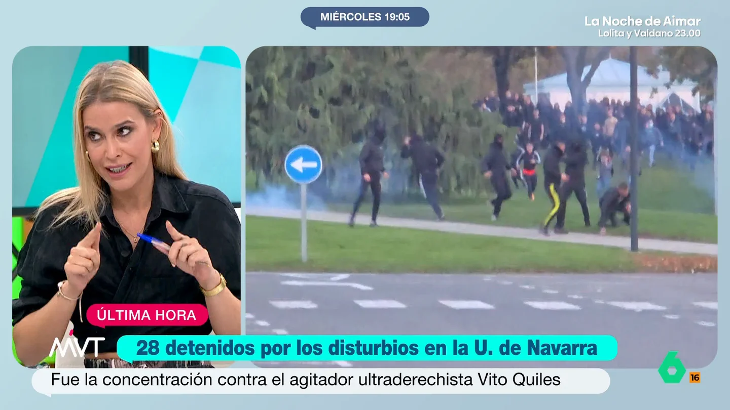 Afra Blanco opina tras las detenciones por los disturbios en un acto de Vito Quiles Afra Blanco opina sobre la detención de 28 personas en una macrooperación tras los disturbios durante una concentración contra Vito Quiles en la Universidad de Navarra y opina que "también hay que señalar y actuar sobre los que incitan a la violencia".
