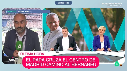 Cristina Pardo se arranca a cantar al escuchar la música en el Bernabéu antes de la llegada del papa: "Por el amor de esa mujer..." El cantante David Bustamante va a cantar para el papa en el Santiago Bernabéu. José María Rivero ha explicado que el cantante va a interpretar 'El Himno de la Alegría'.