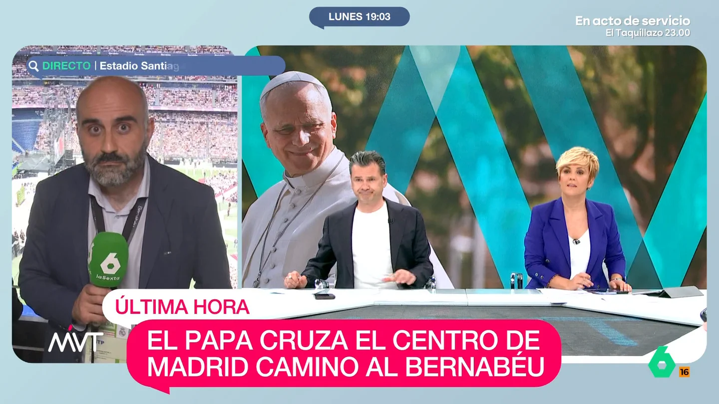 Cristina Pardo se arranca a cantar al escuchar la música en el Bernabéu antes de la llegada del papa: "Por el amor de esa mujer..." El cantante David Bustamante va a cantar para el papa en el Santiago Bernabéu. José María Rivero ha explicado que el cantante va a interpretar 'El Himno de la Alegría'.
